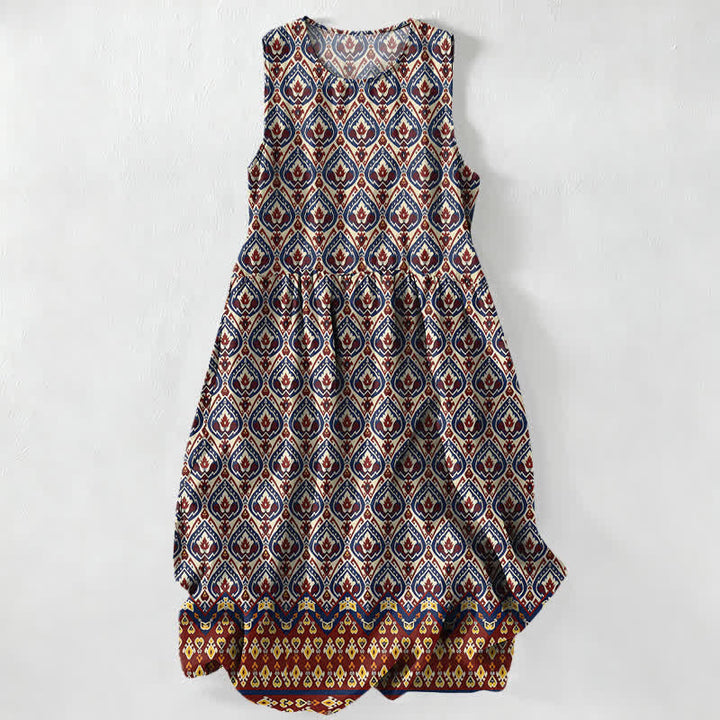 Buddha Stones Letnia, swobodna, boho, ikatowa, geometryczna sukienka midi dla kobiet, bez rękawów, z kieszeniami - Ciemnoczerwony - US16, UK/AU20, EU48 (3XL) - image 0