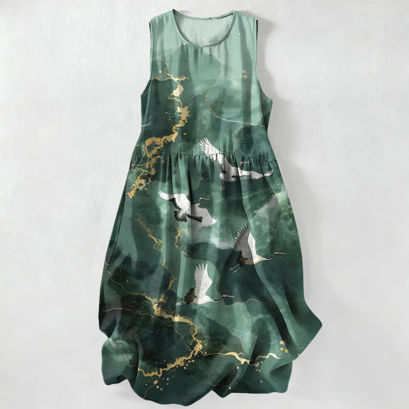Buddha Stones Letnia, swobodna, damska sukienka midi bez rękawów z kieszeniami, w kolorze białego żurawia i złotego marmuru - ForestGreen - US16, UK/AU20, EU48 (3XL) - image 0