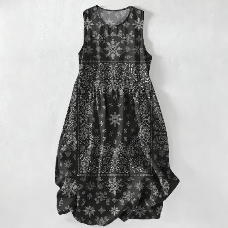 Buddha Stones Letnia, swobodna sukienka midi damska z bandaną, wzorem paisley i kwiatowym wzorem, bez rękawów i kieszeniami - Czarny - US16, UK/AU20, EU48 (3XL) - image 0