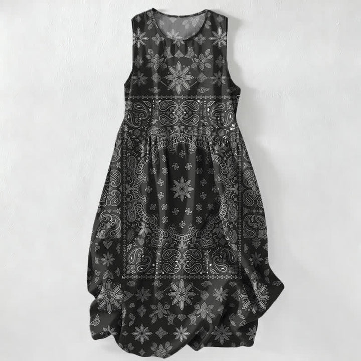 Buddha Stones Letnia, swobodna sukienka midi damska z bandaną, wzorem paisley i kwiatowym wzorem, bez rękawów i kieszeniami - Czarny - US16, UK/AU20, EU48 (3XL) - image 0