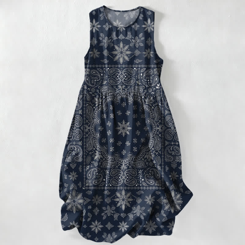 Buddha Stones Letnia, swobodna sukienka midi damska z bandaną, wzorem paisley i kwiatowym wzorem, bez rękawów i kieszeniami - Marynarka wojenna - US16, UK/AU20, EU48 (3XL) - image 4