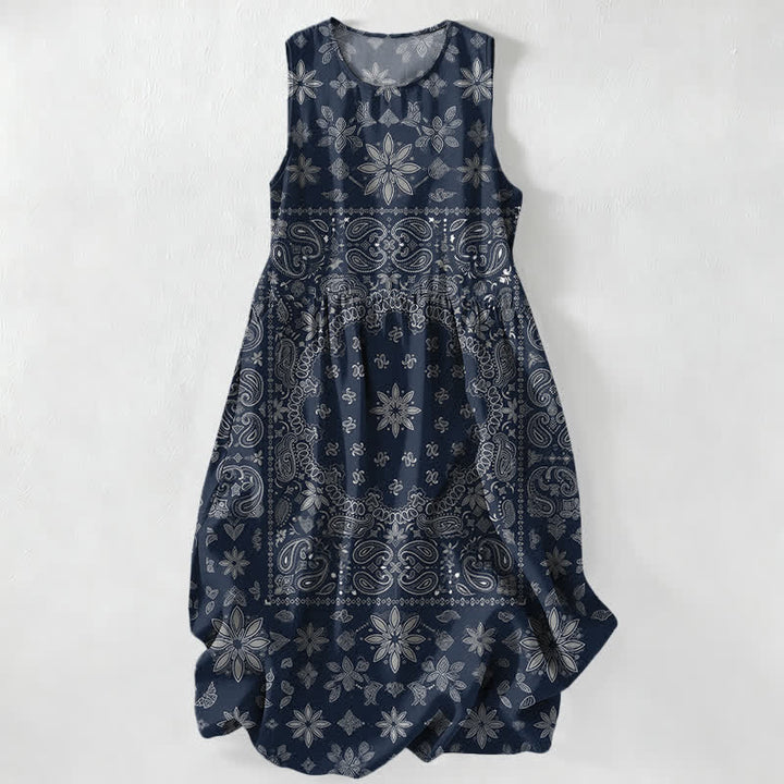 Buddha Stones Letnia, swobodna sukienka midi damska z bandaną, wzorem paisley i kwiatowym wzorem, bez rękawów i kieszeniami - Marynarka wojenna - US16, UK/AU20, EU48 (3XL) - image 4