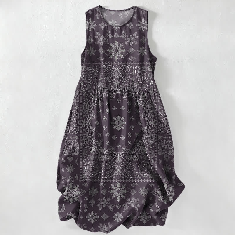 Buddha Stones Letnia, swobodna sukienka midi damska z bandaną, wzorem paisley i kwiatowym wzorem, bez rękawów i kieszeniami - Indygo - US16, UK/AU20, EU48 (3XL) - image 5