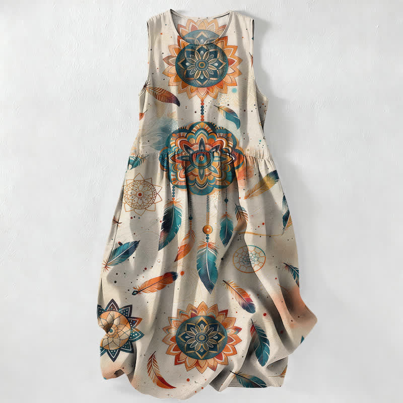 Buddha Stones Letnia, swobodna, damska sukienka midi bez rękawów z kieszeniami i wzorem mandali w stylu boho - Gainsboro - US16, UK/AU20, EU48 (3XL) - image 0