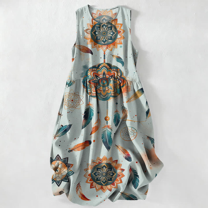 Buddha Stones Letnia, swobodna, damska sukienka midi bez rękawów z kieszeniami i wzorem mandali w stylu boho - SkyBlue - US16, UK/AU20, EU48 (3XL) - image 4