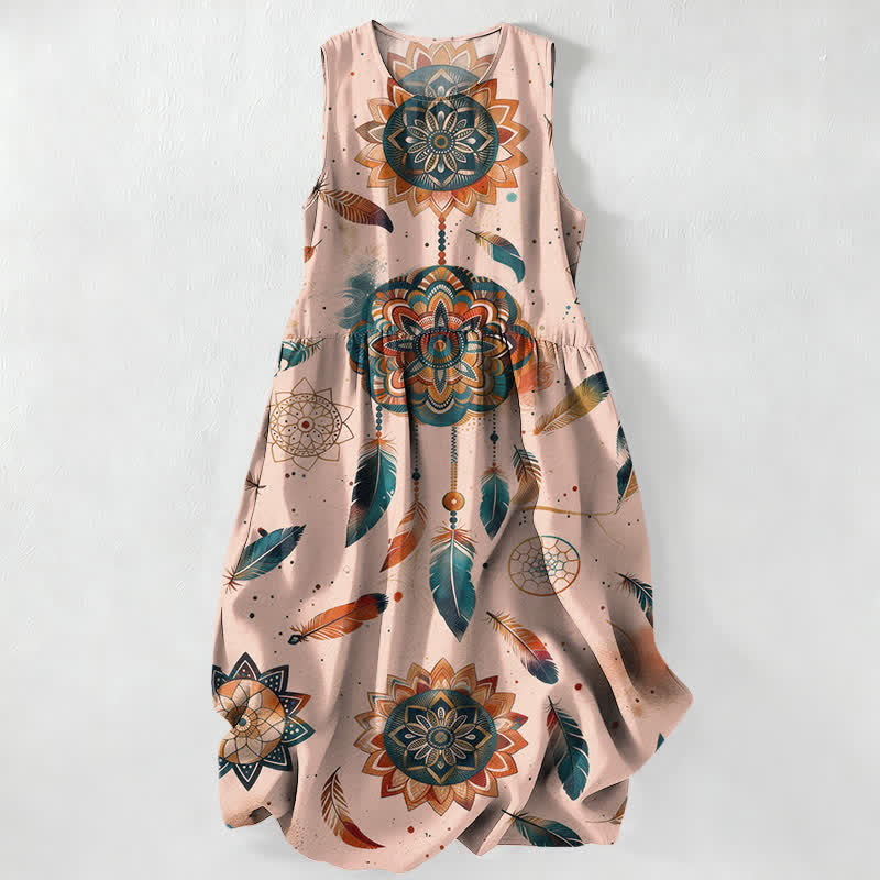Buddha Stones Letnia, swobodna, damska sukienka midi bez rękawów z kieszeniami i wzorem mandali w stylu boho - Różowy - US16, UK/AU20, EU48 (3XL) - image 5