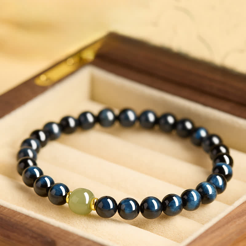 Buddha Stones Bransoletka z okrągłych koralików z niebieskiego tygrysiego oka z jadeitu hetian - 8 mm - image 0