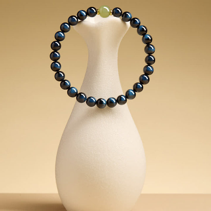 Buddha Stones Bransoletka z okrągłych koralików z niebieskiego tygrysiego oka z jadeitu hetian - image 2