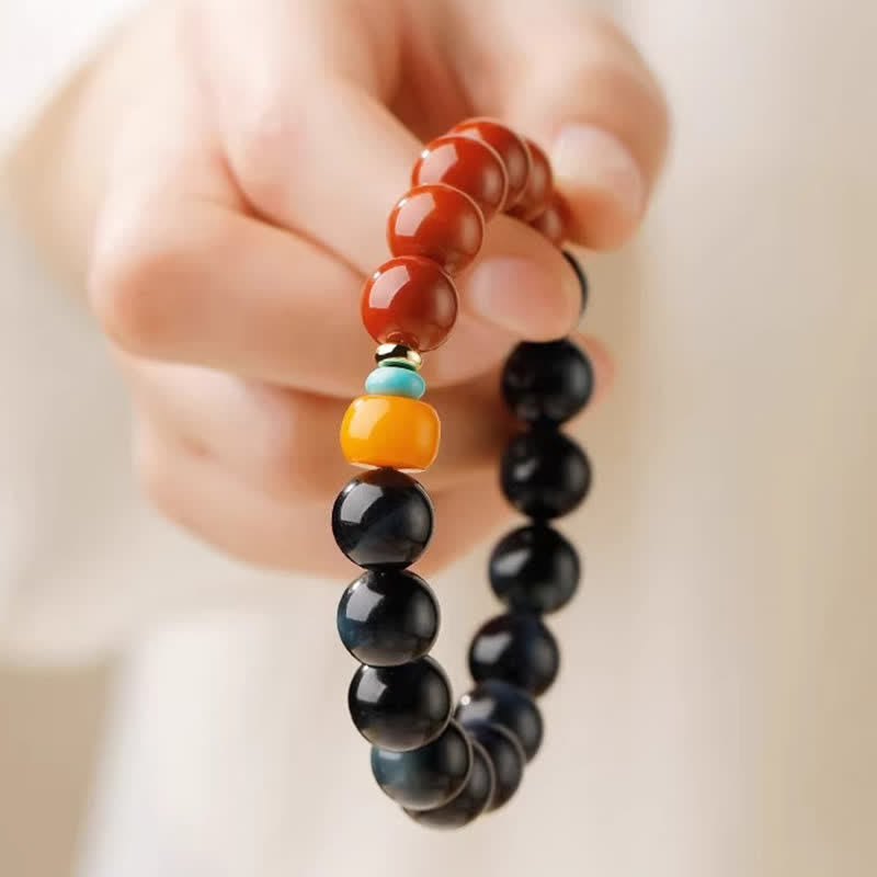 Buddha Stones Bransoletka z okrągłych koralików z agatu południowo-czerwonego z niebieskim tygrysim okiem - image 9