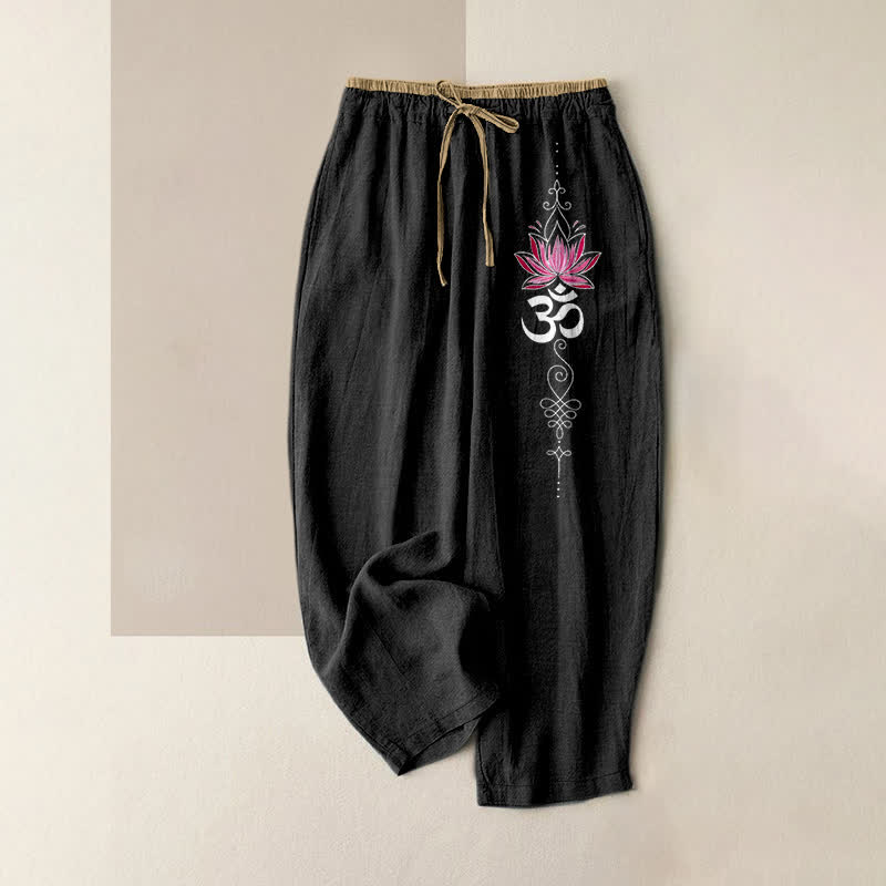 Buddha Stones Spodnie damskie z elastycznej talii z kieszeniami, z czystej bawełny, wzór Zen Lotus Om - Czarny - US16, UK/AU20, EU48 (3XL) - image 0