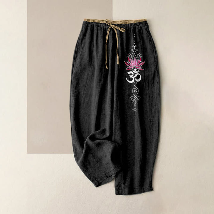 Buddha Stones Spodnie damskie z elastycznej talii z kieszeniami, z czystej bawełny, wzór Zen Lotus Om - Czarny - US16, UK/AU20, EU48 (3XL) - image 0