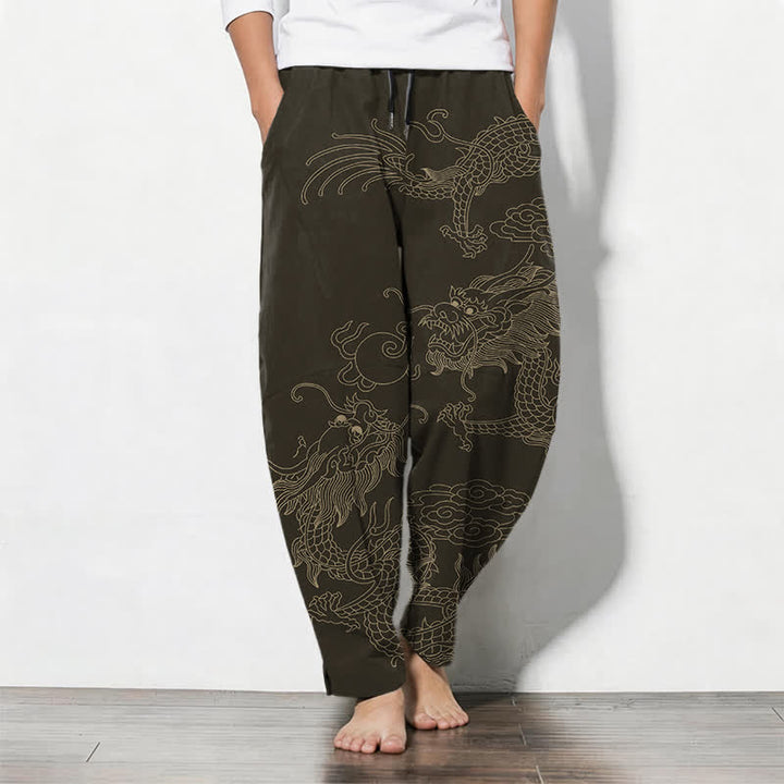 Buddha Stones Spodnie męskie zwężane z czystej bawełny ze wzorem w złote chmury smoka i ściągaczem, z kieszeniami - SaddleBrown - US/UK/AU50, EU60 (5XL) - image 0