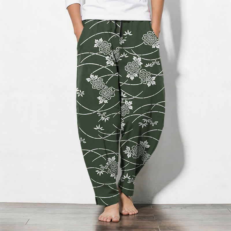 Buddha Stones Spodnie męskie zwężane, z czystej bawełny, w białe kwiaty i winorośl, ze ściągaczem i kieszeniami - ForestGreen - US/UK/AU50, EU60 (5XL) - image 11