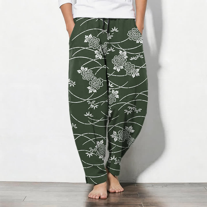 Buddha Stones Spodnie męskie zwężane, z czystej bawełny, w białe kwiaty i winorośl, ze ściągaczem i kieszeniami - ForestGreen - US/UK/AU50, EU60 (5XL) - image 11