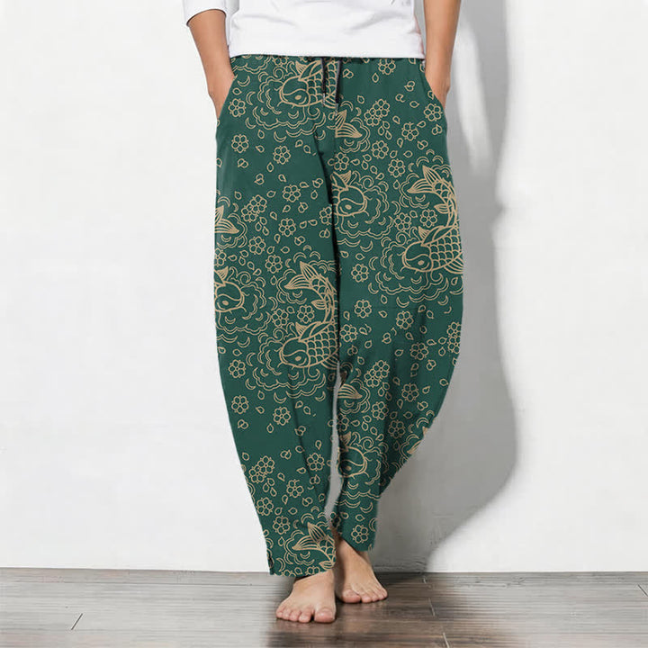 Buddha Stones Spodnie męskie zwężane, z czystej bawełny, ze złotym wzorem w kwiaty i motywem ryby Koi, ze ściągaczem i kieszeniami - Ciemnozielony - US/UK/AU50, EU60 (5XL) - image 11
