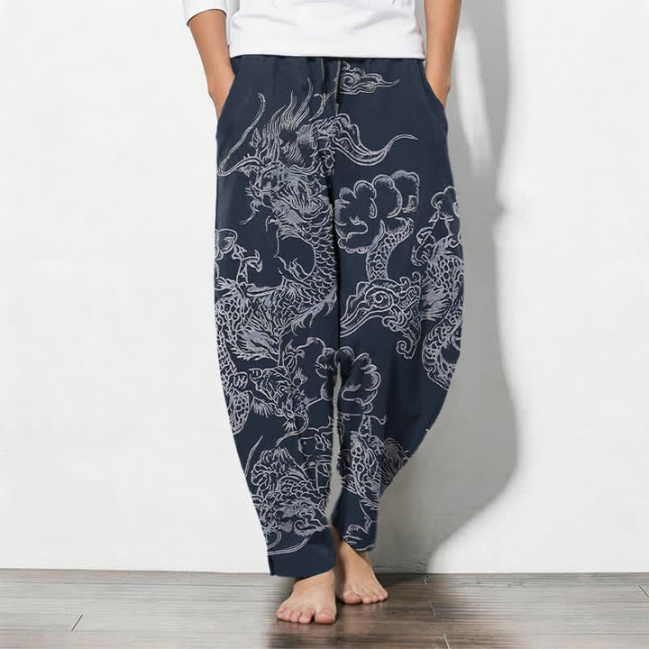 Buddha Stones Spodnie męskie zwężane z czystej bawełny ze wzorem Dragon Cloud i ściągaczem, z kieszeniami - Marynarka wojenna - US/UK/AU50, EU60 (5XL) - image 0