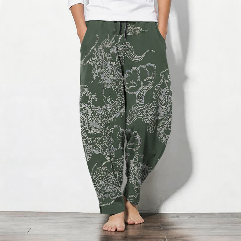 Buddha Stones Spodnie męskie zwężane z czystej bawełny ze wzorem Dragon Cloud i ściągaczem, z kieszeniami - DarkOliveGreen - US/UK/AU50, EU60 (5XL) - image 7