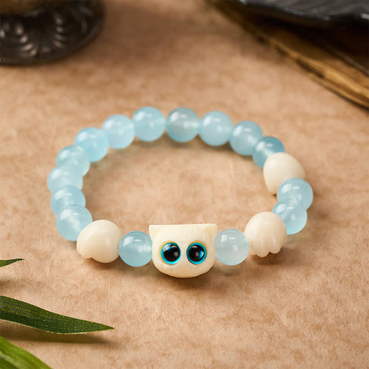 Buddha Stones Bransoletka z koralików Purity z ręcznie rzeźbionego kota z niebieskiego chalcedonu - Kot o niebieskich oczach (obwód nadgarstka: 16–17 cm) - Niebieski chalcedon (kreatywny ♥ optymizm) - image 0
