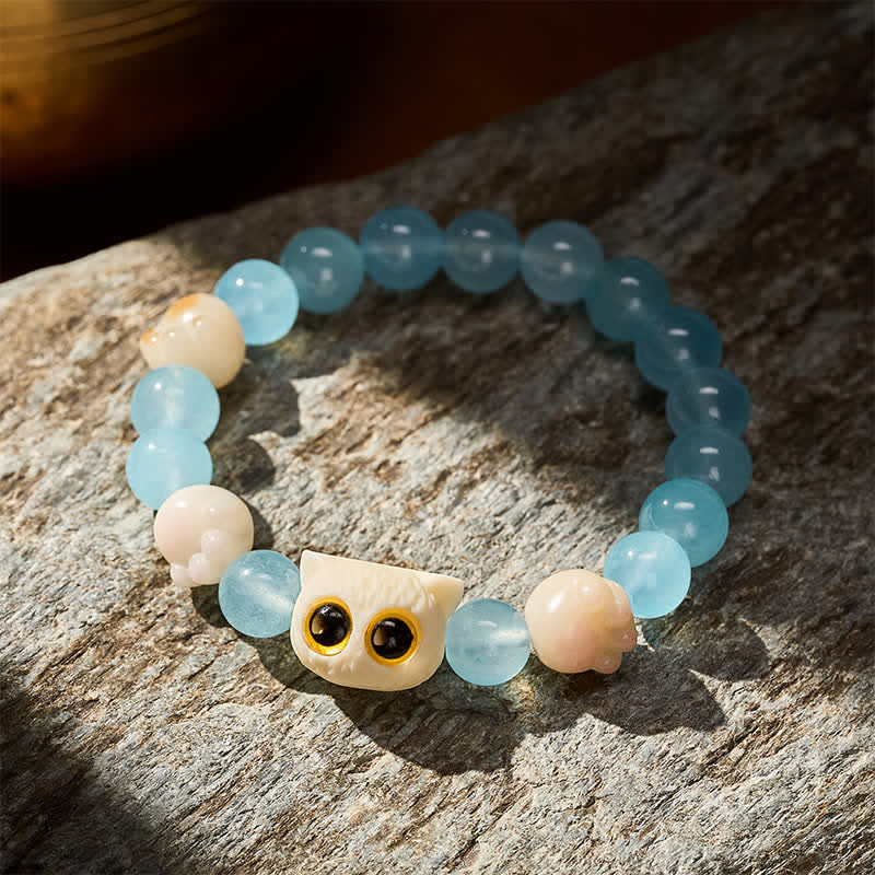 Buddha Stones Bransoletka z koralików Purity z ręcznie rzeźbionego kota z niebieskiego chalcedonu - image 13