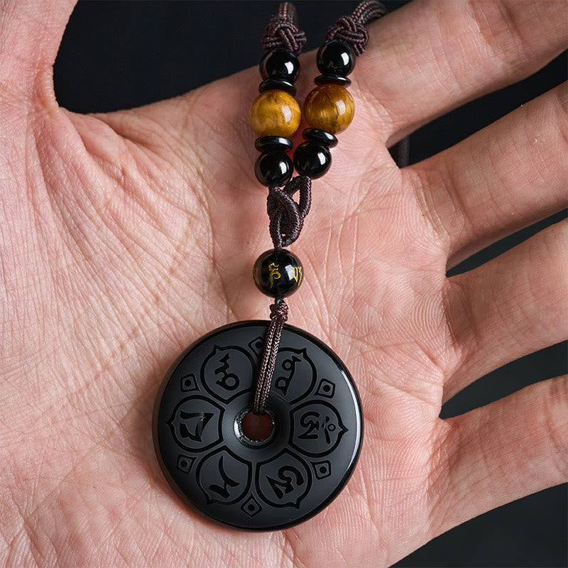 Buddha Stones Naszyjnik pleciony z grawerowaną klamrą ochronną z czarnego obsydianu - image 17