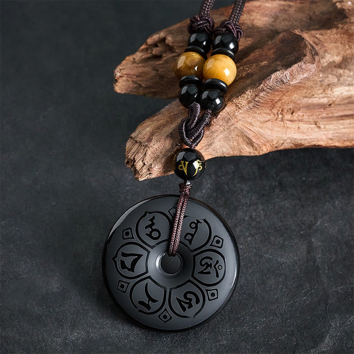 Buddha Stones Naszyjnik pleciony z grawerowaną klamrą ochronną z czarnego obsydianu - image 14