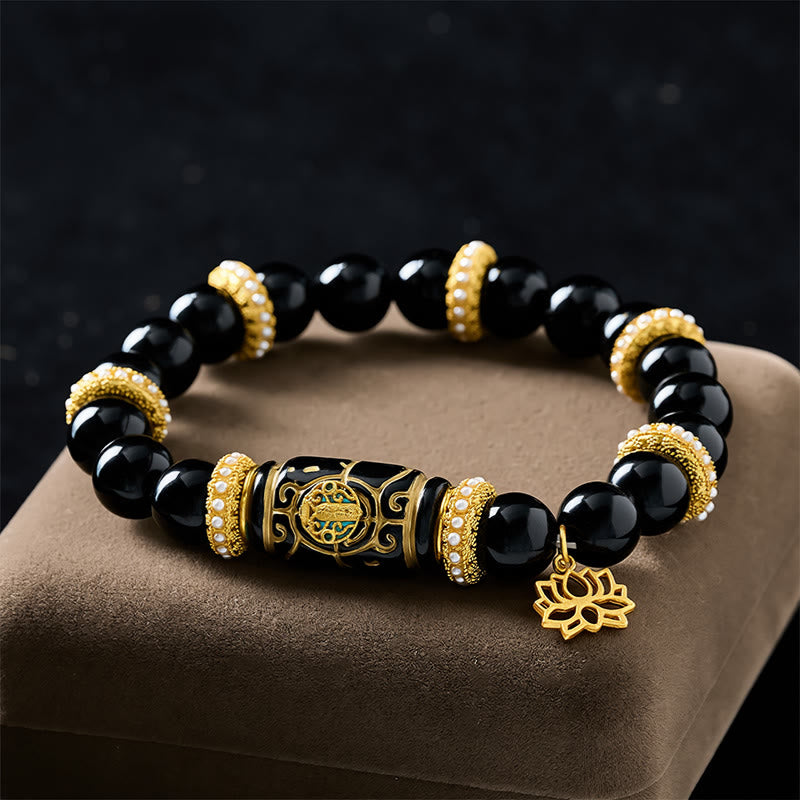 Buddha Stones Bransoletka ochronna z okrągłymi koralikami z czarnej obsydianowej żywicy w kształcie beczki z lotosem - image 1
