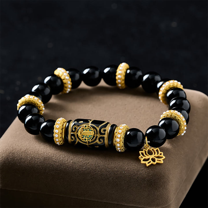 Buddha Stones Bransoletka ochronna z okrągłymi koralikami z czarnej obsydianowej żywicy w kształcie beczki z lotosem - image 1