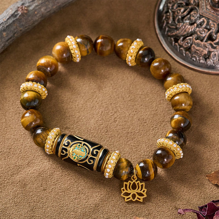 Buddha Stones Bransoletka z okrągłymi koralikami i wisiorkiem z żywicy beczułkowej z naturalnego żółtego tygrysiego oka i lotosu - Żółte tygrysie oko (obwód nadgarstka: 16–17 cm) - image 0