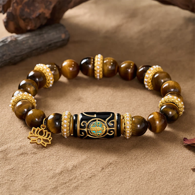Buddha Stones Bransoletka z okrągłymi koralikami i wisiorkiem z żywicy beczułkowej z naturalnego żółtego tygrysiego oka i lotosu - image 2