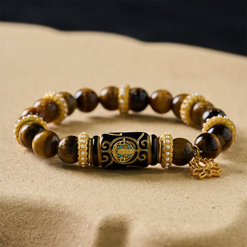 Buddha Stones Bransoletka z okrągłymi koralikami i wisiorkiem z żywicy beczułkowej z naturalnego żółtego tygrysiego oka i lotosu - image 7