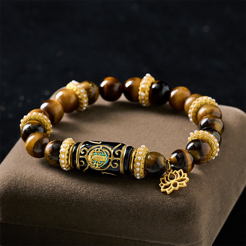 Buddha Stones Bransoletka z okrągłymi koralikami i wisiorkiem z żywicy beczułkowej z naturalnego żółtego tygrysiego oka i lotosu - image 1
