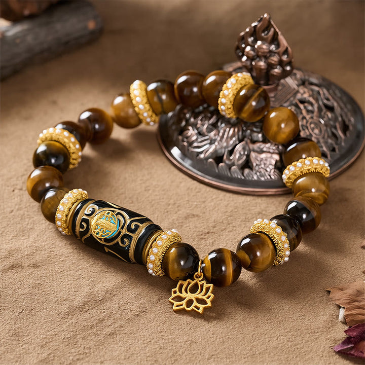Buddha Stones Bransoletka z okrągłymi koralikami i wisiorkiem z żywicy beczułkowej z naturalnego żółtego tygrysiego oka i lotosu - image 3