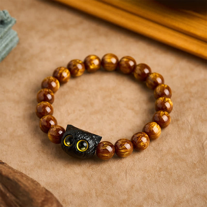 Buddha Stones Bransoletka z kotem i koralikami z żywicy hebanowej w kolorze żółtym - 10 mm (obwód nadgarstka: 6,3-6,7 cala / 16-17 cm) - image 0