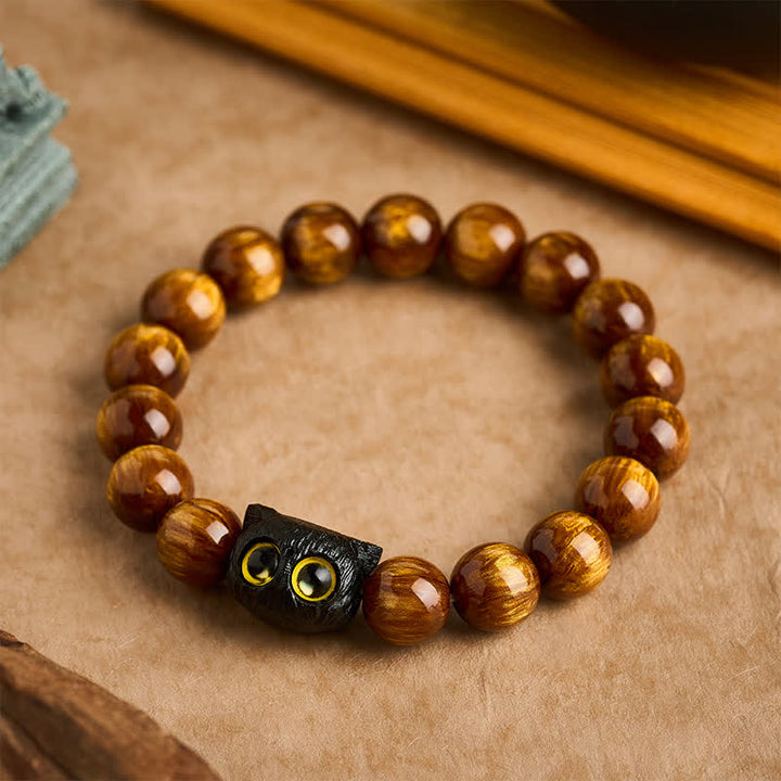 Buddha Stones Bransoletka z kotem i koralikami z żywicy hebanowej w kolorze żółtym - 12 mm (obwód nadgarstka: 6,7-7,1 cala / 17-18 cm) - image 9