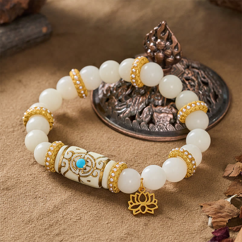 Buddha Stones Bransoletka do medytacji z białymi koralikami i żywicą Bodhi w kształcie beczki i lotosu - image 3