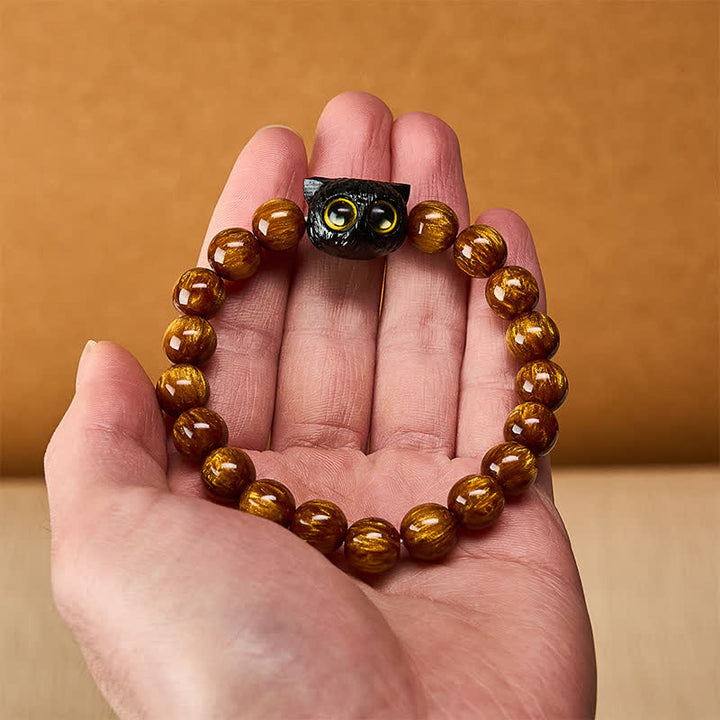 Buddha Stones Bransoletka z kotem i koralikami z żywicy hebanowej w kolorze żółtym - image 7