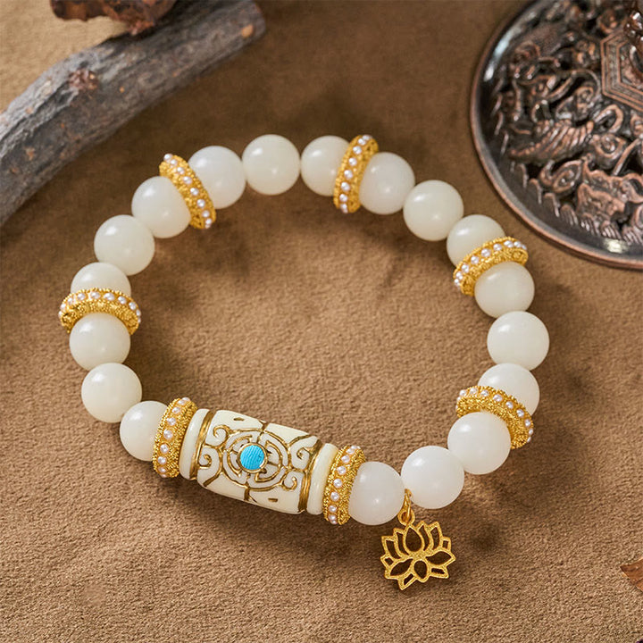 Buddha Stones Bransoletka do medytacji z białymi koralikami i żywicą Bodhi w kształcie beczki i lotosu - image 2