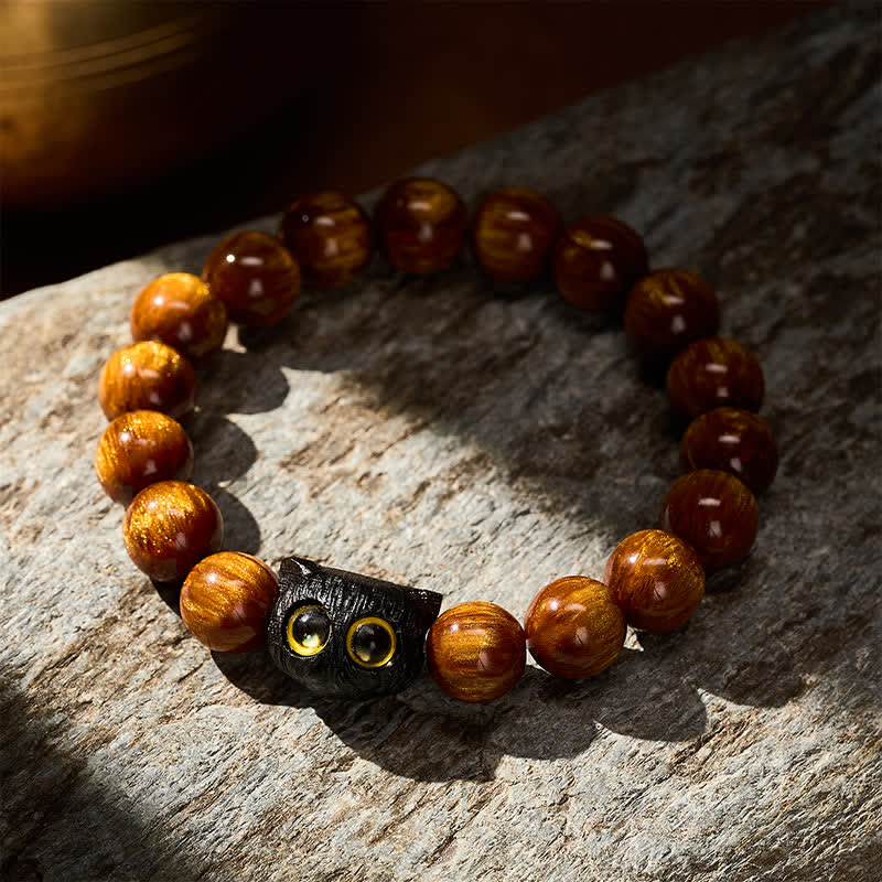 Buddha Stones Bransoletka z kotem i koralikami z żywicy hebanowej w kolorze żółtym - image 11