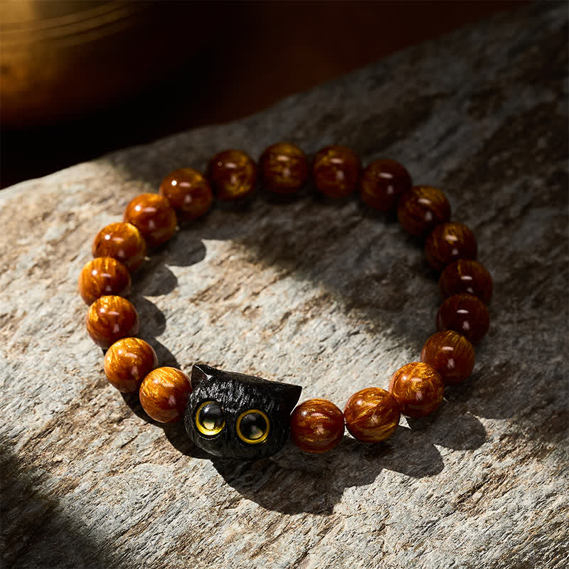 Buddha Stones Bransoletka z kotem i koralikami z żywicy hebanowej w kolorze żółtym - image 2