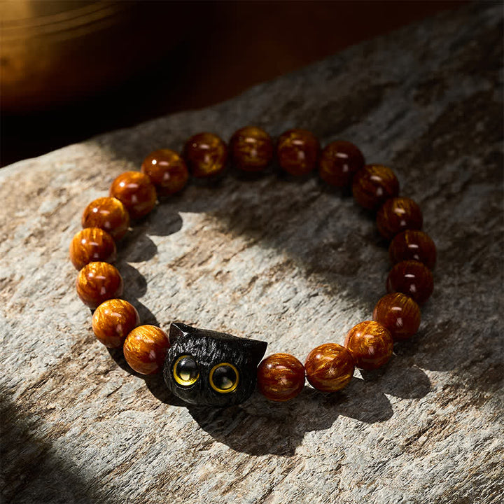 Buddha Stones Bransoletka z kotem i koralikami z żywicy hebanowej w kolorze żółtym - image 2