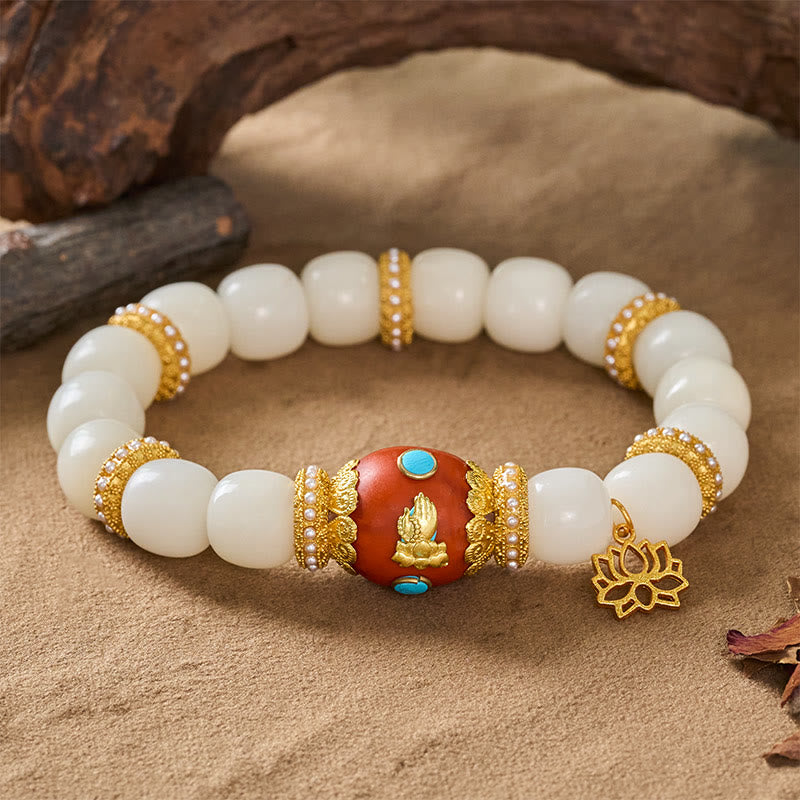 Buddha Stones Bransoletka z koralików błogosławieństwa z białymi nasionami Bodhi, grawerowanym, pomarańczowym, owalnym wisiorkiem z lotosu w stylu tybetańskim - image 8