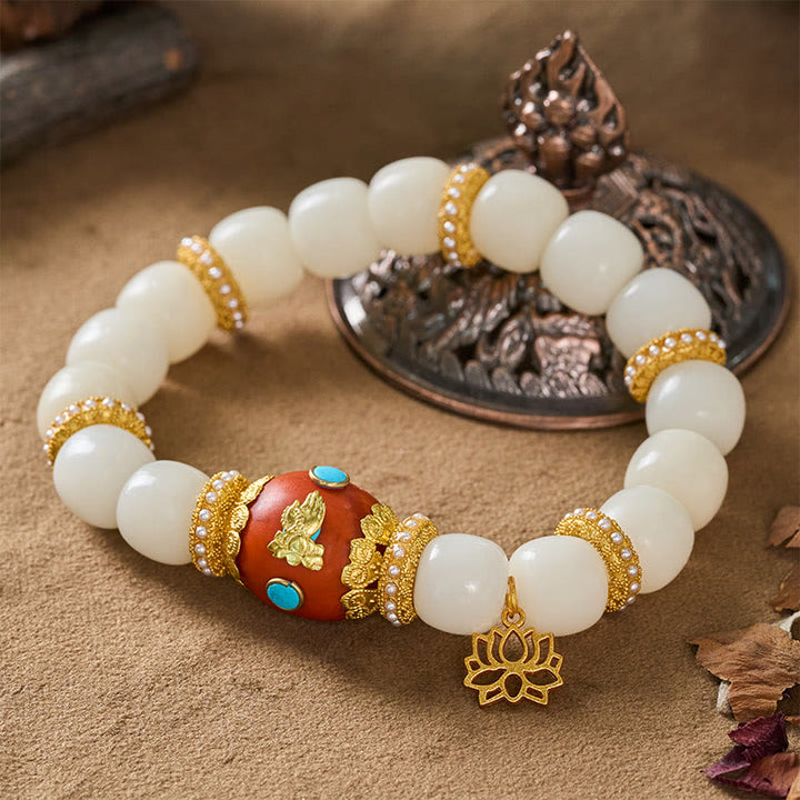 Buddha Stones Bransoletka z koralików błogosławieństwa z białymi nasionami Bodhi, grawerowanym, pomarańczowym, owalnym wisiorkiem z lotosu w stylu tybetańskim - image 2