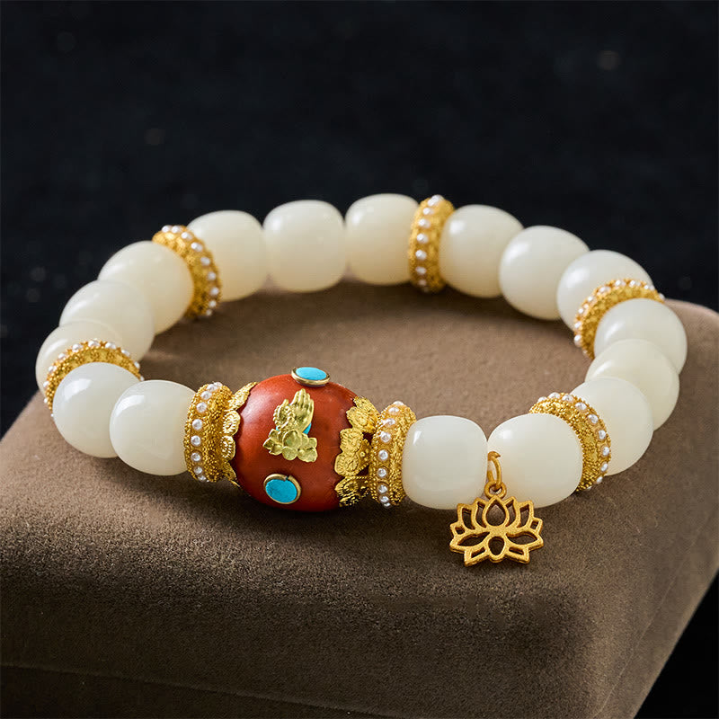 Buddha Stones Bransoletka z koralików błogosławieństwa z białymi nasionami Bodhi, grawerowanym, pomarańczowym, owalnym wisiorkiem z lotosu w stylu tybetańskim - Białe nasiona Bodhi (obwód nadgarstka: 18-19 cm) - image 0