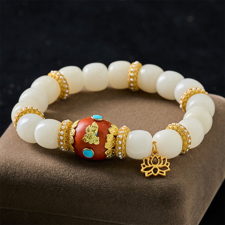 Buddha Stones Bransoletka z koralików błogosławieństwa z białymi nasionami Bodhi, grawerowanym, pomarańczowym, owalnym wisiorkiem z lotosu w stylu tybetańskim - Białe nasiona Bodhi (obwód nadgarstka: 18-19 cm) - image 0