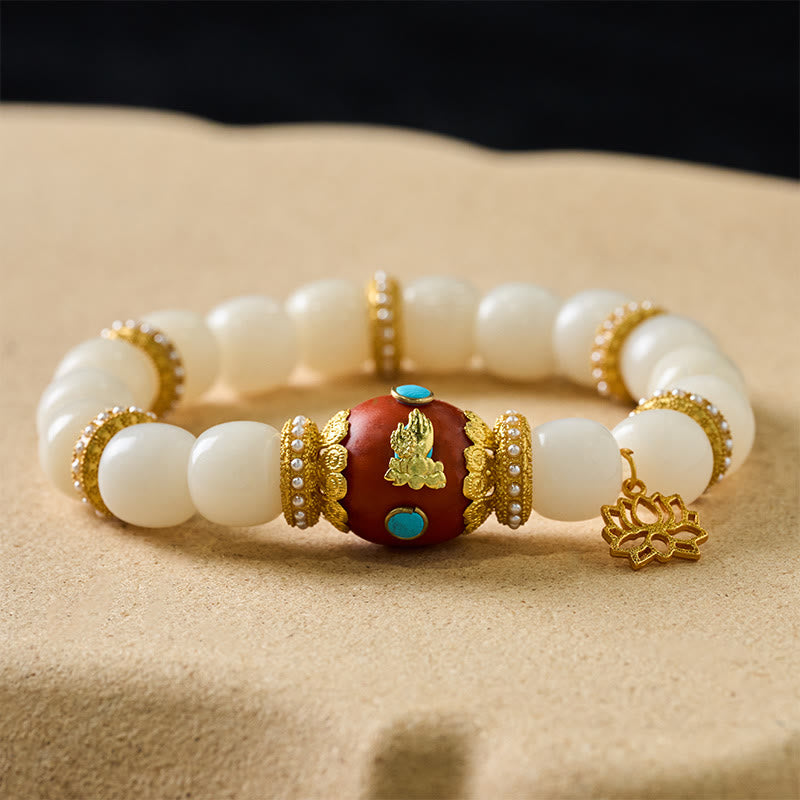 Buddha Stones Bransoletka z koralików błogosławieństwa z białymi nasionami Bodhi, grawerowanym, pomarańczowym, owalnym wisiorkiem z lotosu w stylu tybetańskim - image 1