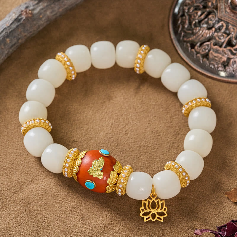 Buddha Stones Bransoletka z koralików błogosławieństwa z białymi nasionami Bodhi, grawerowanym, pomarańczowym, owalnym wisiorkiem z lotosu w stylu tybetańskim - image 3