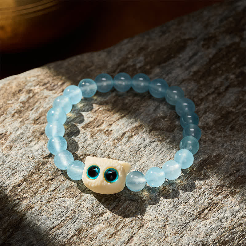 Buddha Stones Bransoletka mocy z niebieskiego chalcedonu i kości słoniowej z kotem - image 3