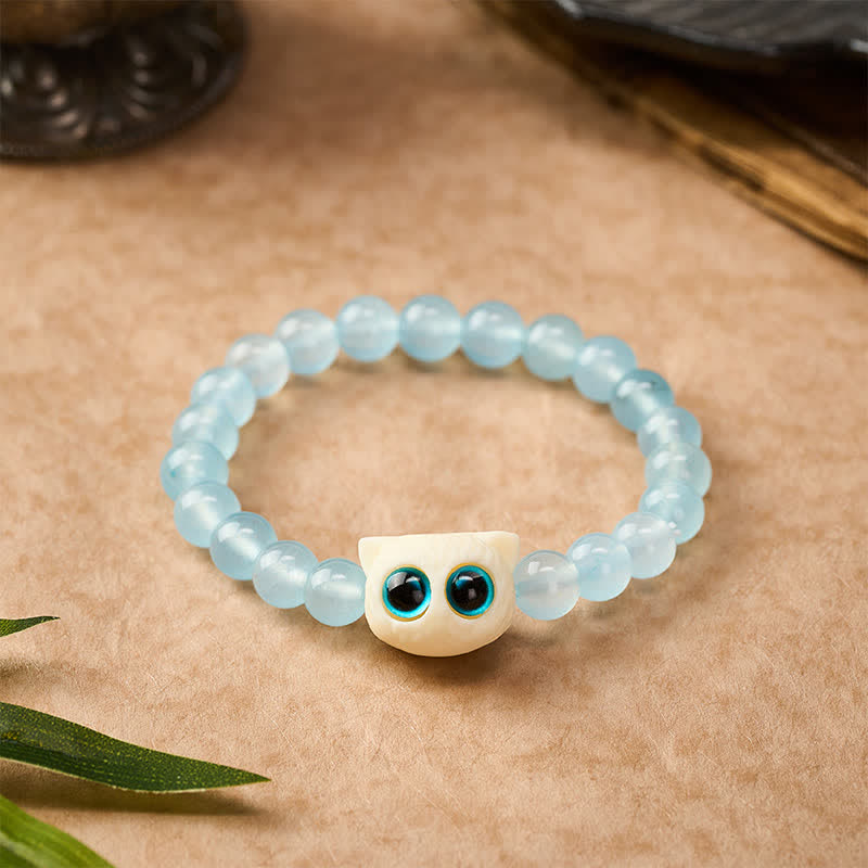 Buddha Stones Bransoletka mocy z niebieskiego chalcedonu i kości słoniowej z kotem - 8 mm (obwód nadgarstka: 5,9-6,3 cala / 15-16 cm) - image 0
