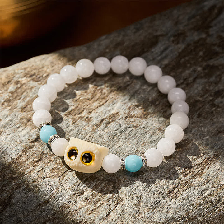 Buddha Stones Bransoletka z koralików czystości z czarnego obsydianu i białego chalcedonu w kształcie głowy kota o dużym oku - image 8