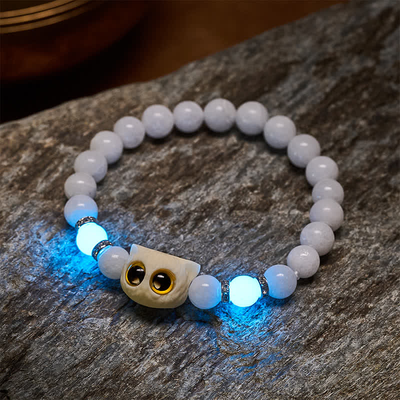 Buddha Stones Bransoletka z koralików czystości z czarnego obsydianu i białego chalcedonu w kształcie głowy kota o dużym oku - image 4